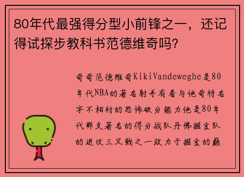 80年代最强得分型小前锋之一，还记得试探步教科书范德维奇吗？
