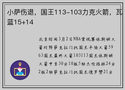 小萨伤退，国王113-103力克火箭，瓦蓝15+14